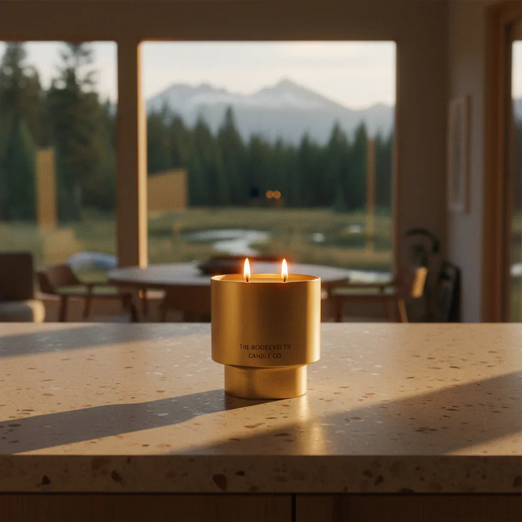 Gold candle on a wooden table with a scenic background