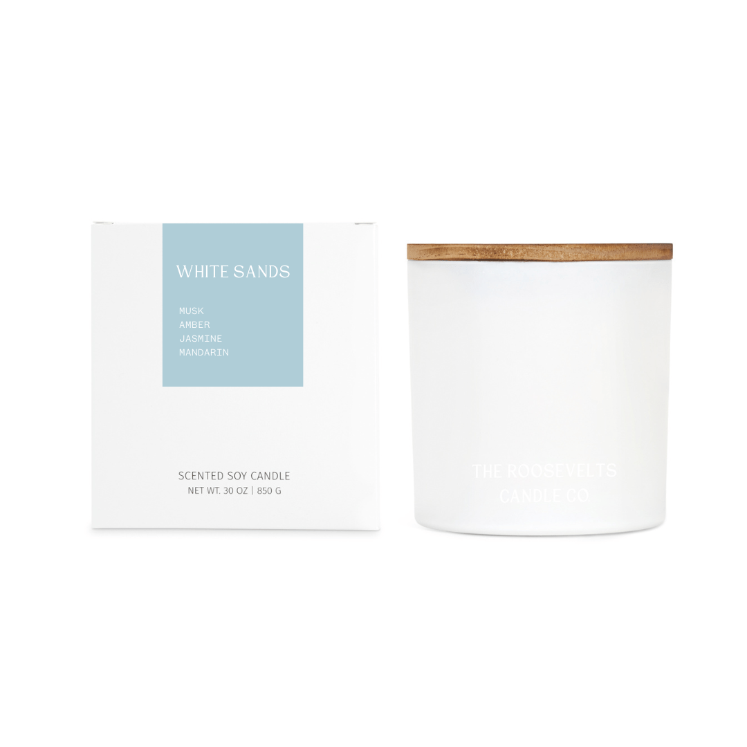 White Sands 3 Wick Candle - Sea Salt, Jasmine, Dark Musk, Amber & Mandarin - The Roosevelts Candle Co.