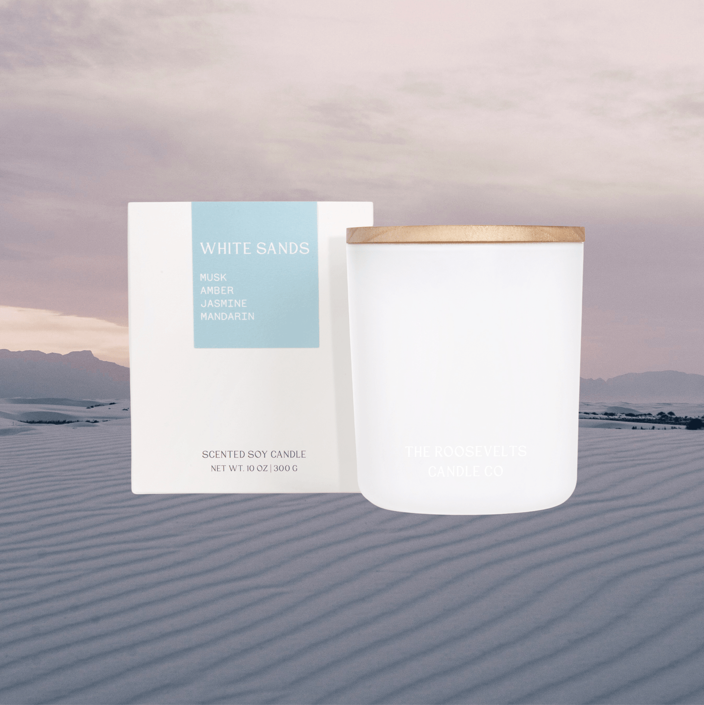 White Sands Candle - Sea Salt, Jasmine, Dark Musk, Amber & Mandarin - The Roosevelts Candle Co.